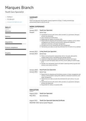 Youth Care Specialist Resume Sample and Template