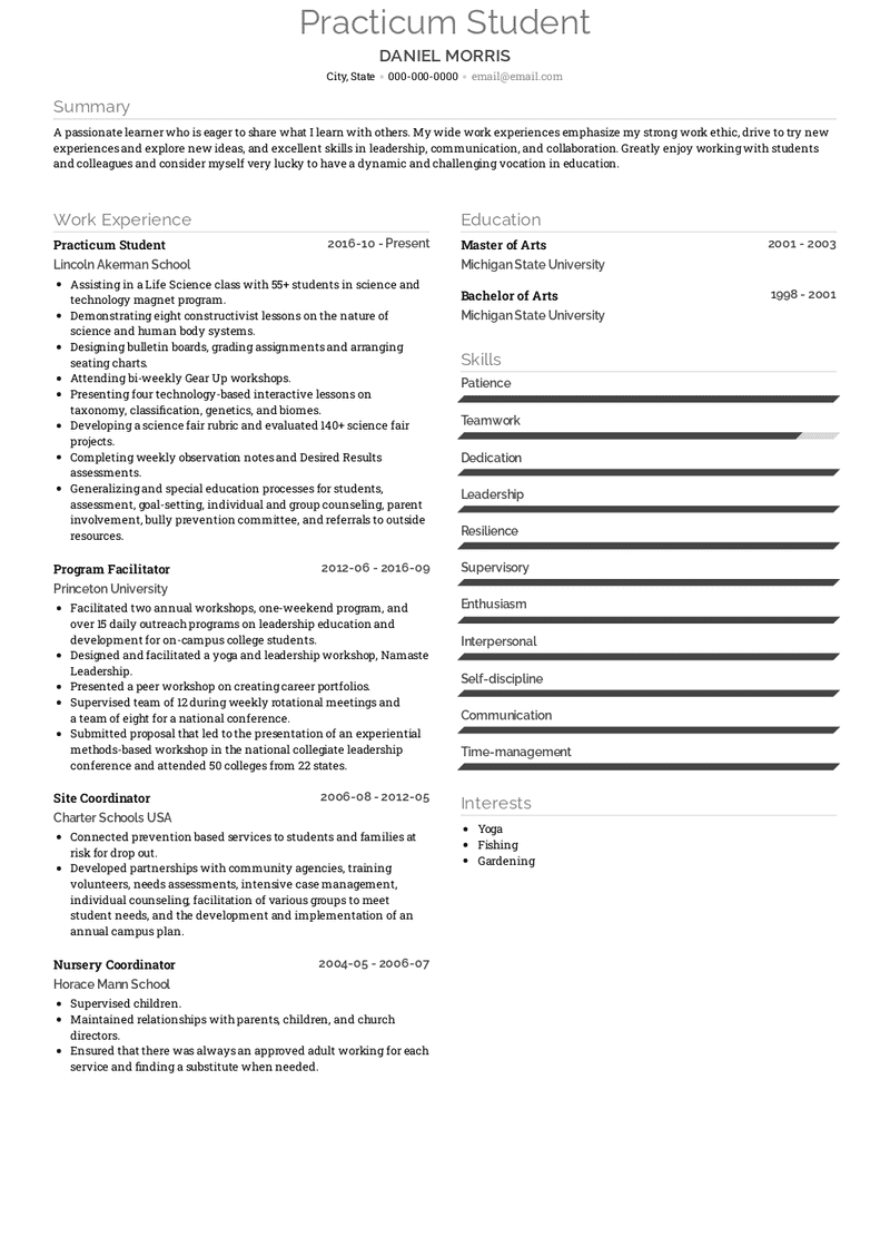 Practicum Student Resume Sample and Template
