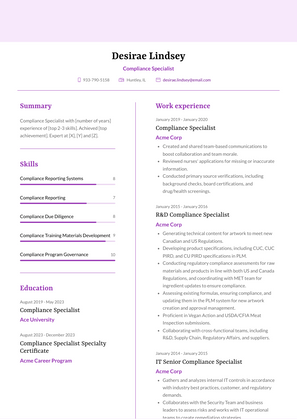 Compliance Specialist Resume Sample and Template