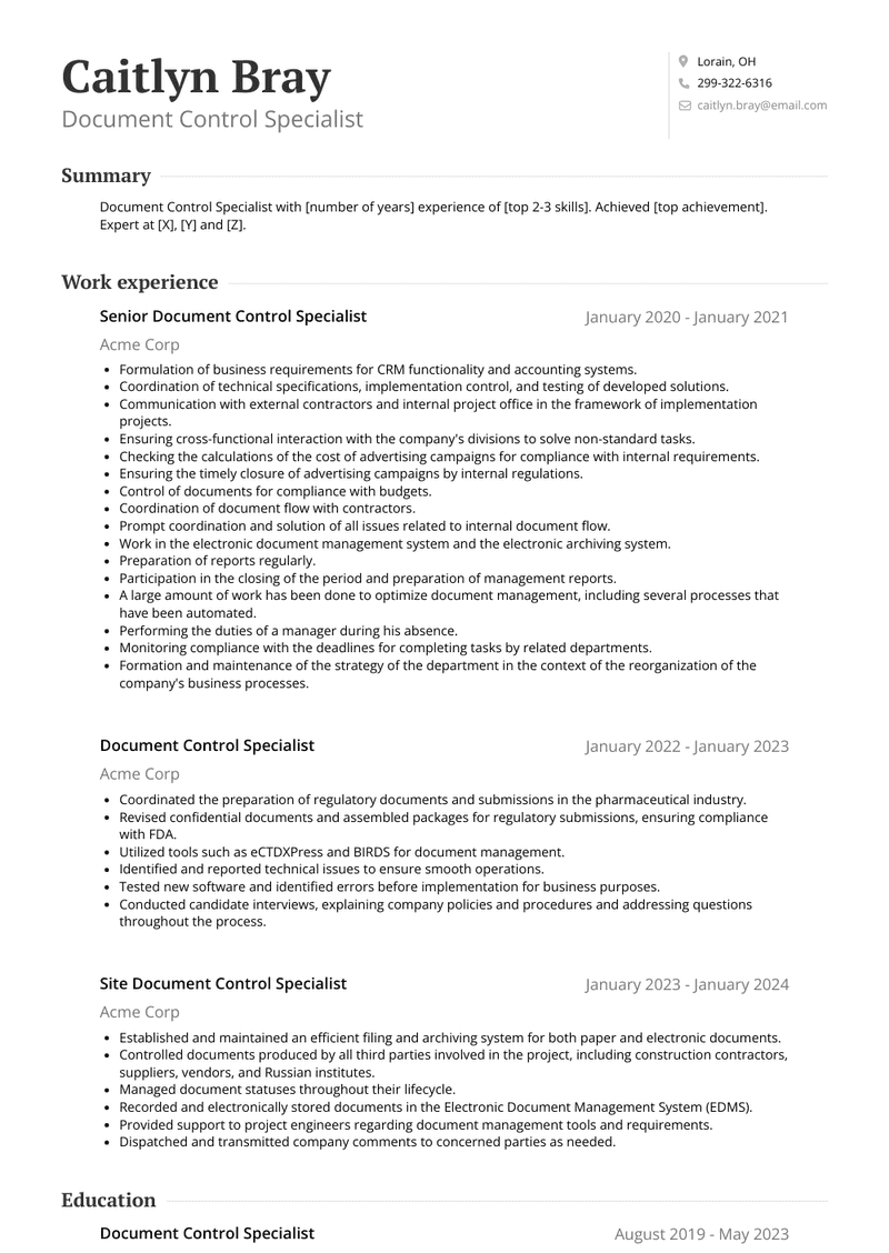 Document Control Specialist Resume Sample and Template