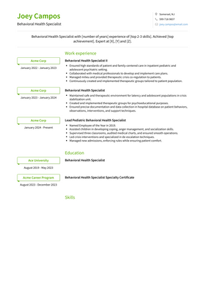 Behavioral Health Specialist Resume Sample and Template
