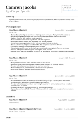 Signal Support Specialist Resume Sample and Template