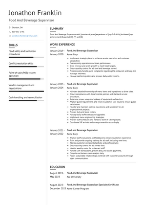 Food And Beverage Supervisor Resume Sample and Template