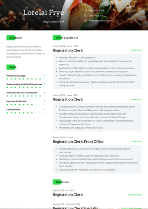 Registration Clerk Resume Sample and Template