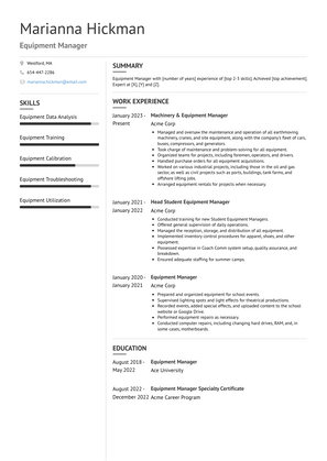 Equipment Manager Resume Sample and Template