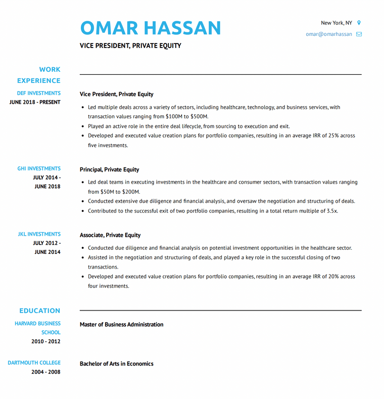 Private Equity Vice President Resume Example