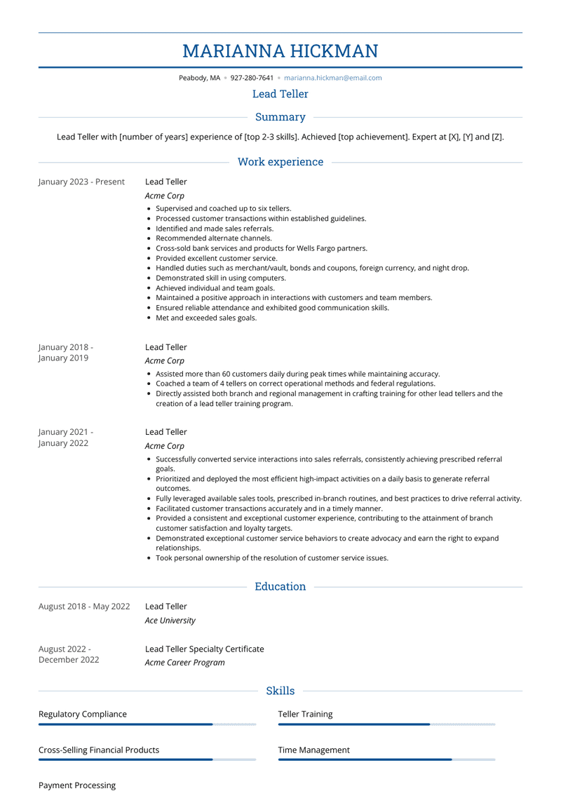 Lead Teller Resume Sample and Template