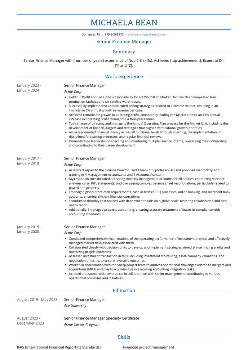 Senior Finance Manager Resume Sample and Template