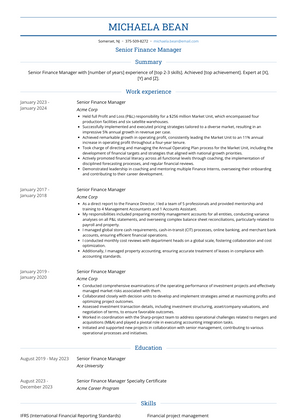 Senior Finance Manager Resume Sample and Template