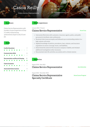 Claims Service Representative Resume Sample and Template