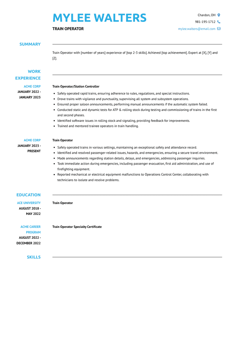 Train Operator Resume Sample and Template