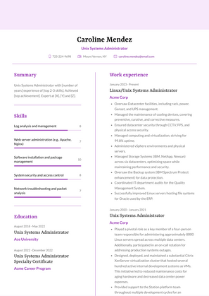 Unix Systems Administrator Resume Sample and Template