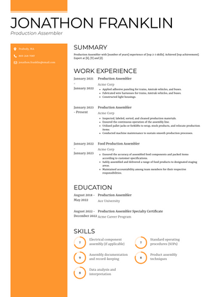 Production Assembler Resume Sample and Template