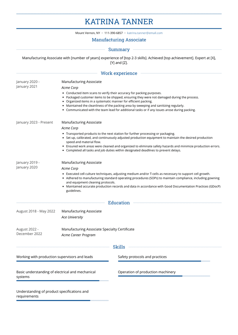 Manufacturing Associate Resume Sample and Template