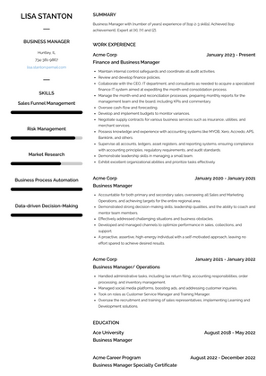 Business Manager Resume Sample and Template