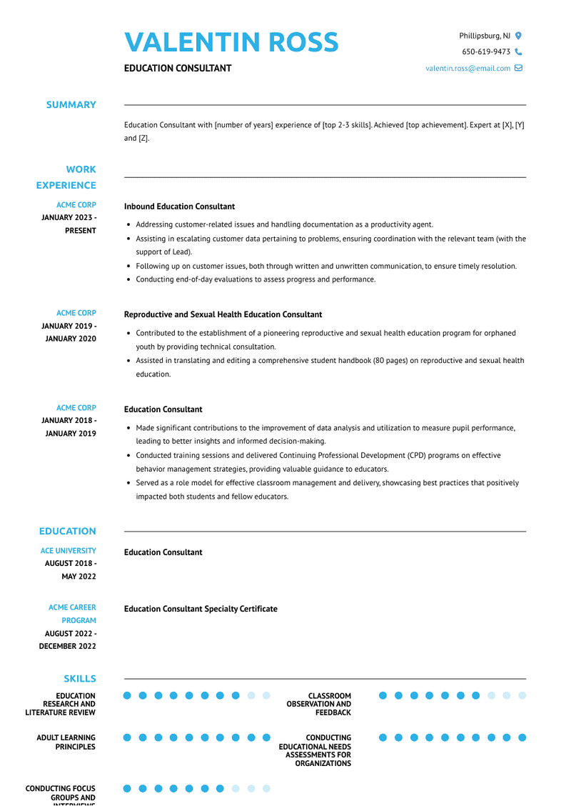 Education Consultant Resume Sample and Template