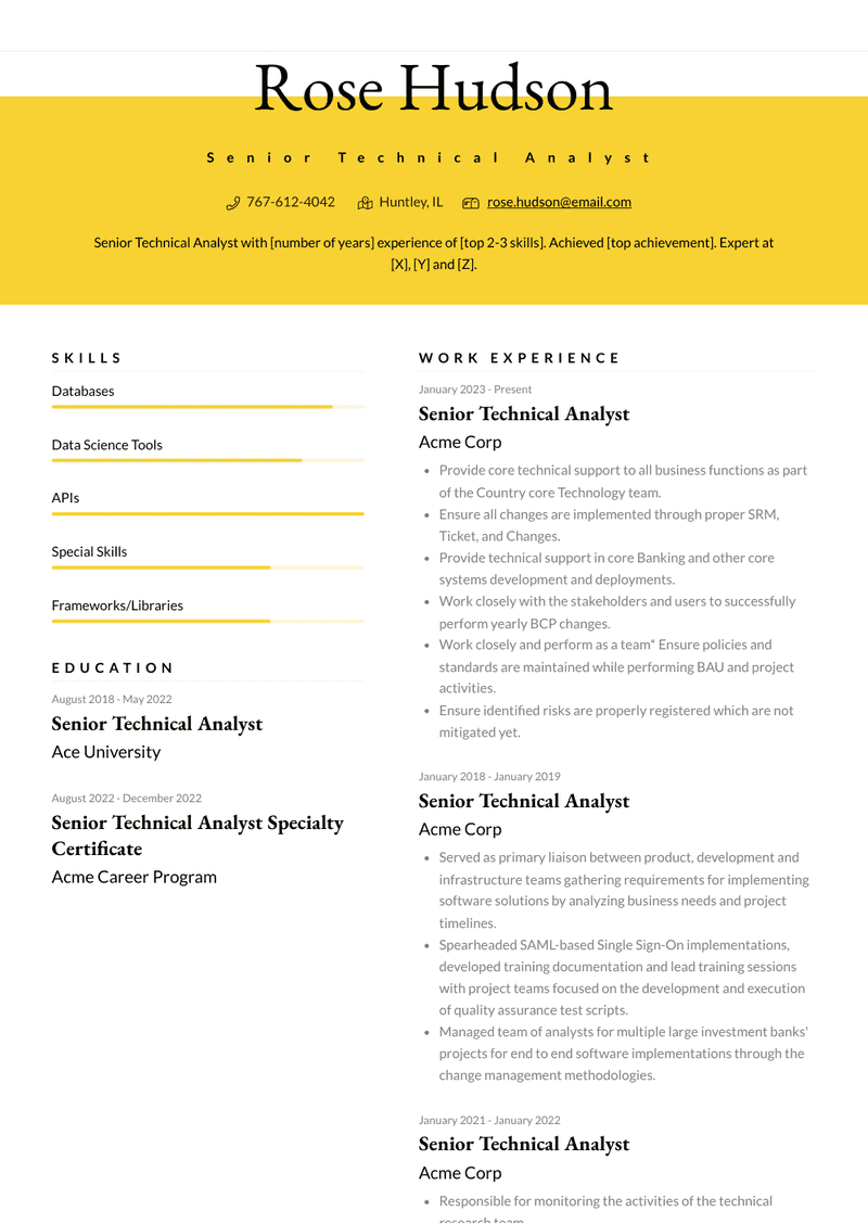 Senior Technical Analyst Resume Sample and Template