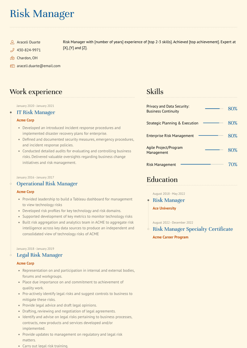 Risk Manager Resume Sample and Template