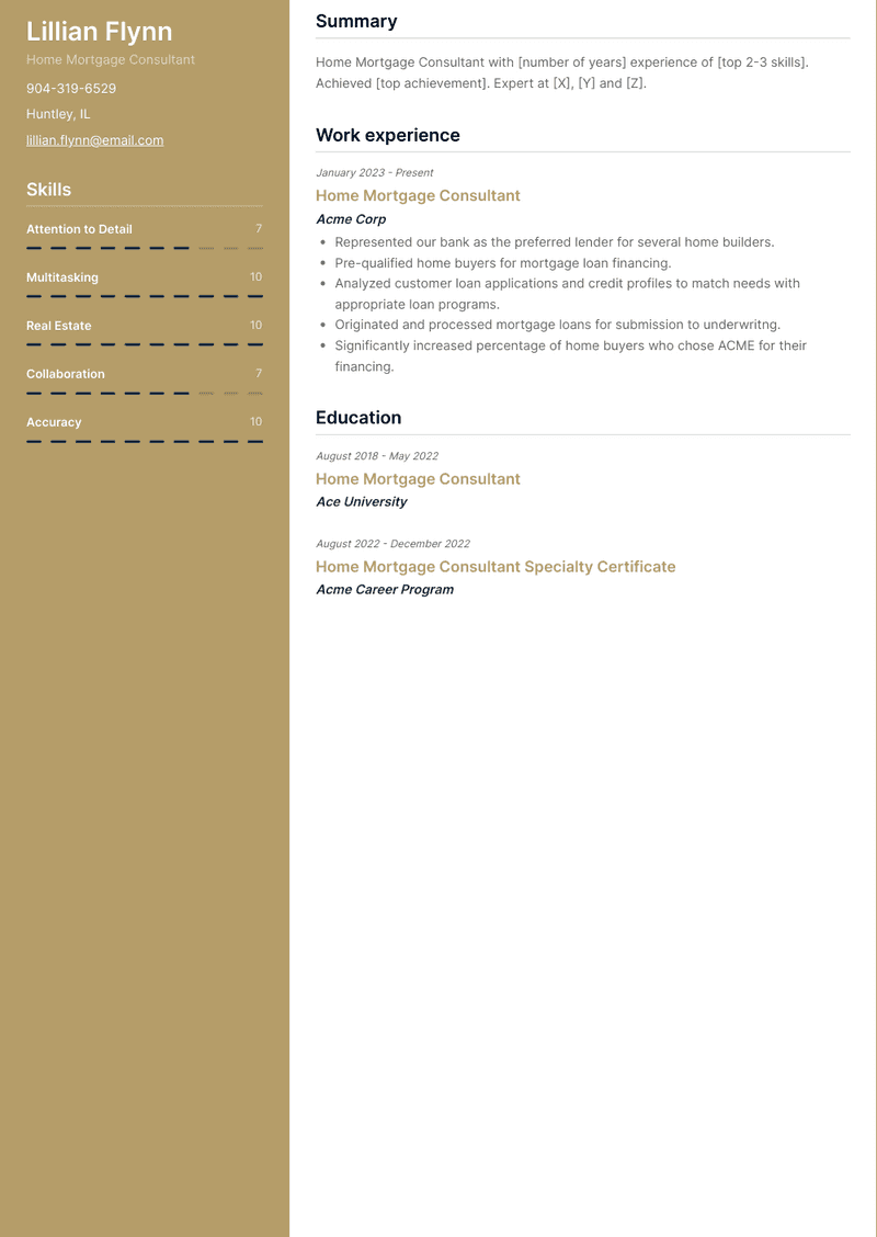 Home Mortgage Consultant Resume Sample and Template