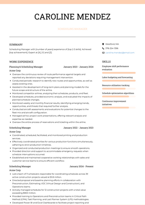 Scheduling Manager Resume Sample and Template