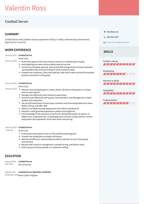 Cocktail Server Resume Sample and Template
