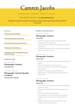 Photographer Assistant Resume Sample and Template