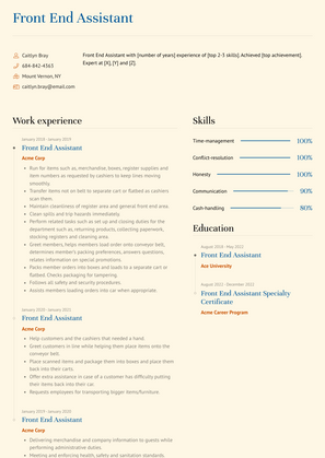 Front End Assistant Resume Sample and Template