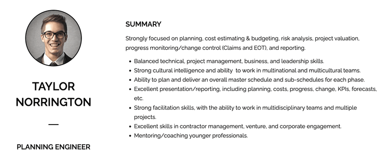 Two-column resume summary example