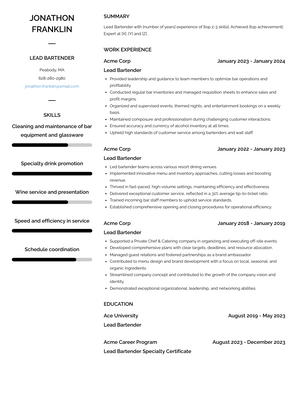 Lead Bartender Resume Sample and Template