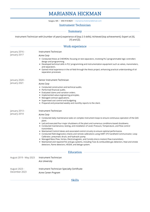 Instrument Technician Resume Sample and Template