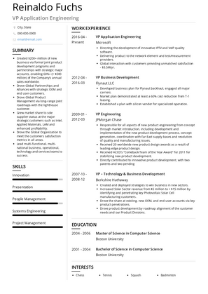 VP Application Engineering Resume Sample and Template