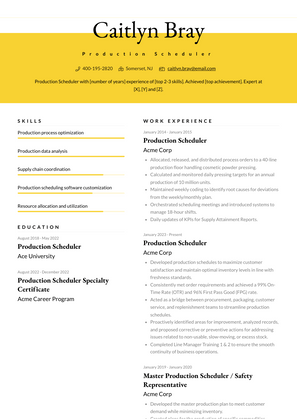 Production Scheduler Resume Sample and Template