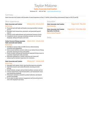 Sales Associate And Cashier Resume Sample and Template