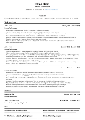 Medical Technologist Resume Sample and Template