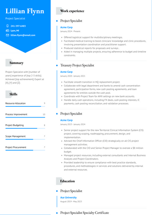 Project Specialist Resume Sample and Template