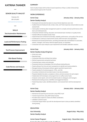 Senior Quality Analyst Resume Sample and Template