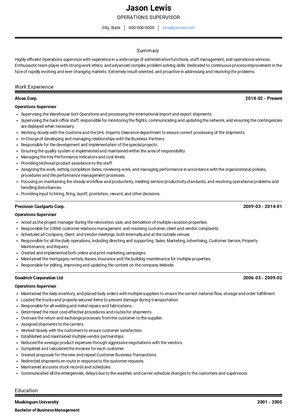 Operations Supervisor Resume Sample and Template