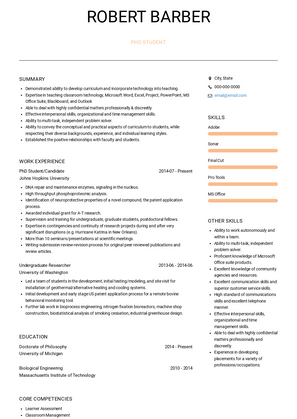 PhD Student Resume Sample and Template