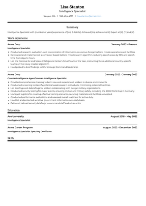 Intelligence Specialist Resume Sample and Template