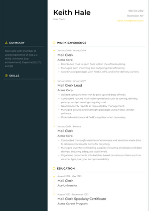 Mail Clerk Resume Sample and Template
