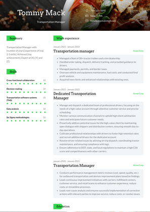 Transportation Manager Resume Sample and Template