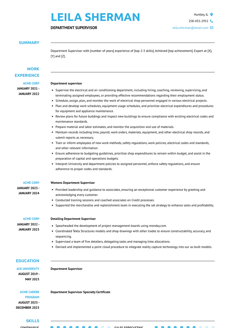 Department Supervisor Resume Sample and Template