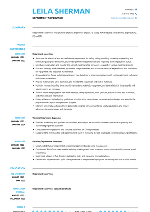 Department Supervisor Resume Sample and Template