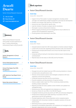 Senior Clinical Research Associate Resume Sample and Template
