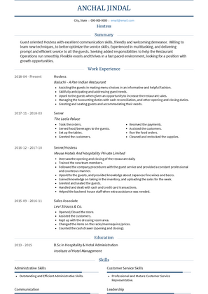 Hostess Resume Sample and Template