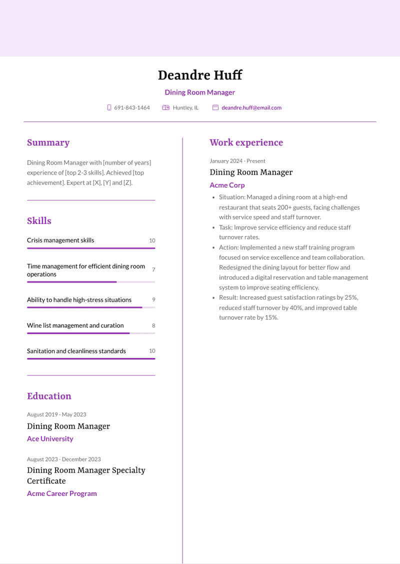 Dining Room Manager Resume Sample and Template