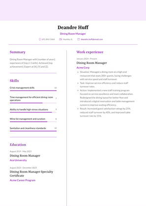Dining Room Manager Resume Sample and Template