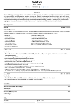 Team Leader Resume Sample and Template
