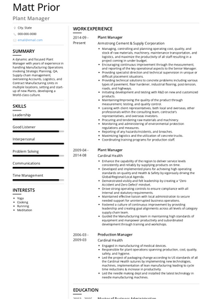 Plant Manager Resume Sample and Template