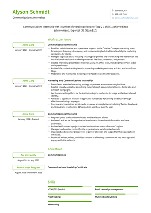 Communications Internship Resume Sample and Template
